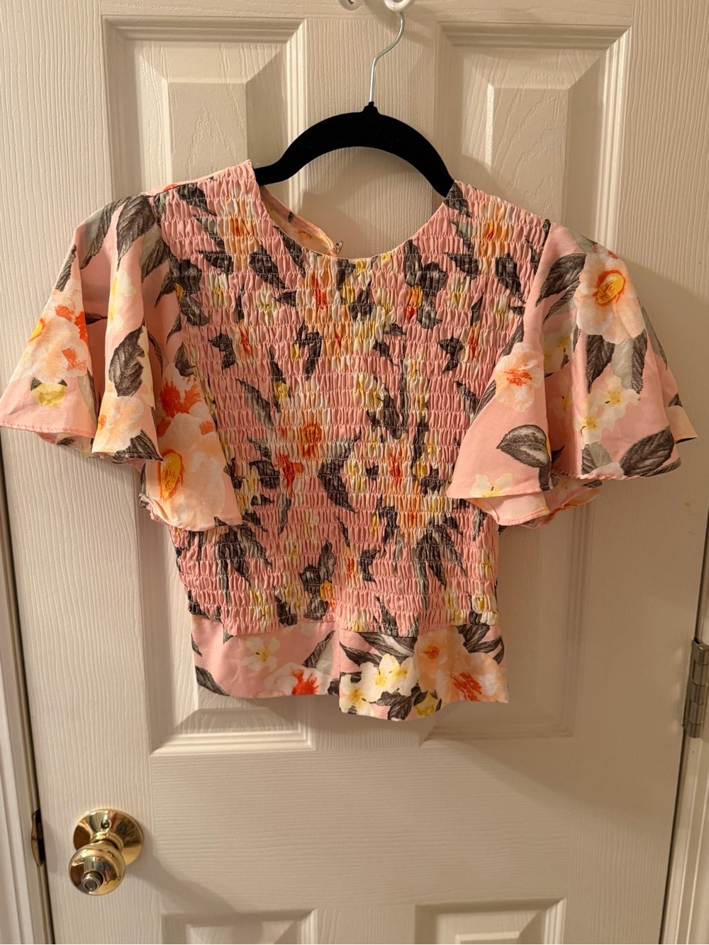 Floral Smocked Flutter-Sleeve Blouse - Pink